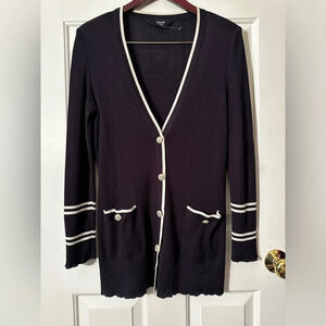 MISOOK Lg Old Money Nautical Coastal Navy White Lightweight Cardigan Scallop Hem